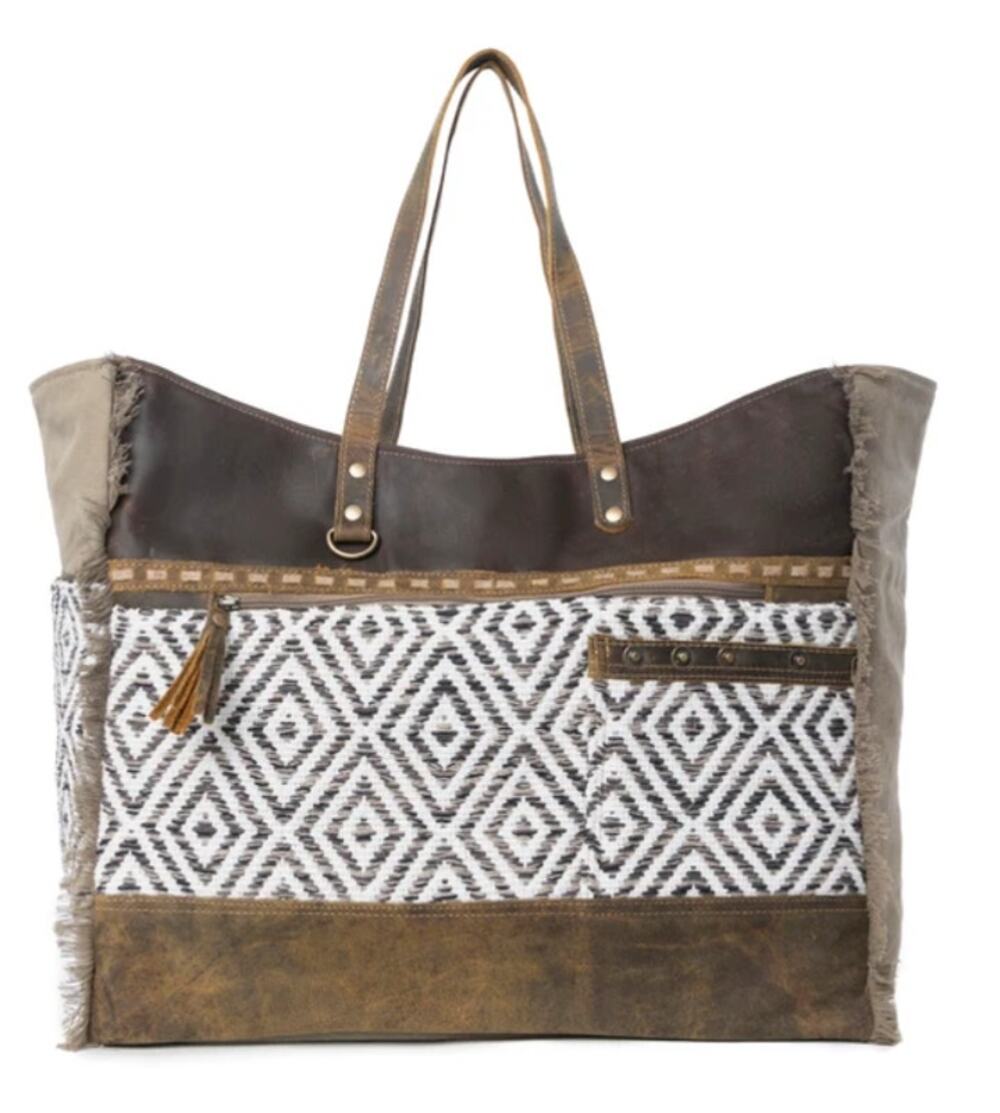 NWT Western Mixed Media Leather and Canvas Oversized Weekender Bag